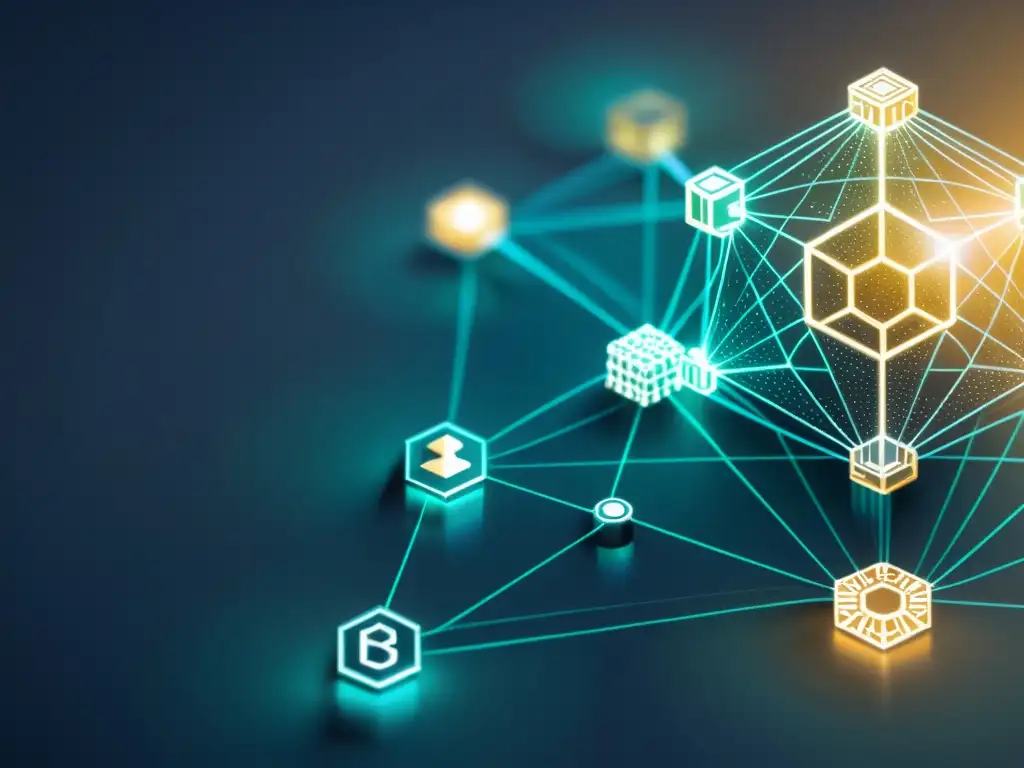 La imagen muestra una red de blockchain transparente con nodos interconectados y bloques de datos detallados