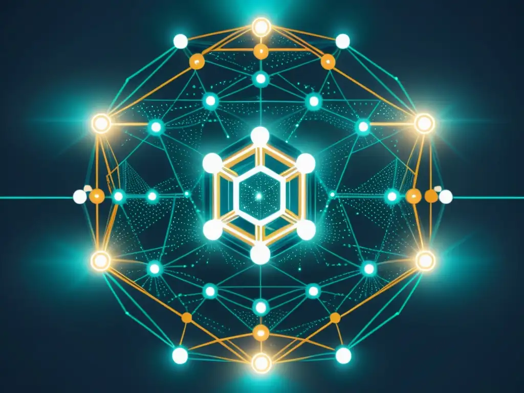 Imagen de una red de blockchain transparente entrelazada con diversos sectores industriales, iluminada con luz etérea