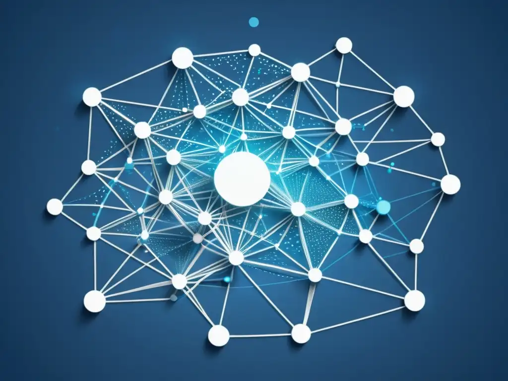 Imagen en 8k de red de nodos interconectados y datos fluyendo, reflejando análisis de datos en redes sociales con estética futurista en azul y blanco