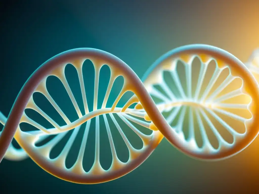 Imagen de alta resolución de doble hélice de ADN, con detalles microscópicos y tonos azules y morados