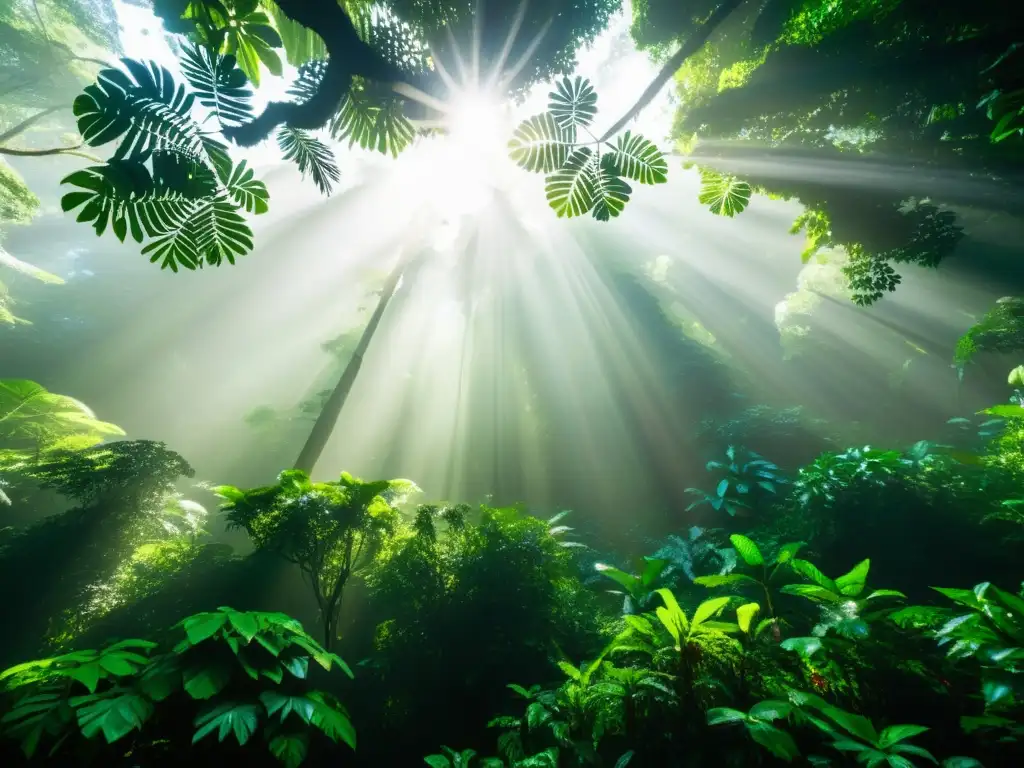 Imagen de alta resolución de un exuberante dosel de selva tropical, con luz solar filtrándose a través de la frondosa vegetación, creando intrincados patrones de luz y sombra en el rico ecosistema