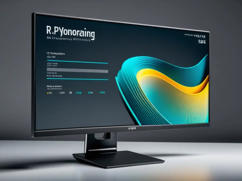 Una imagen de alta resolución de un moderno monitor dividido en dos, mostrando las interfaces de R y Python