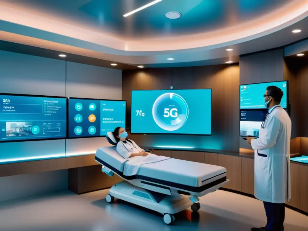 Imagen de una sala de hospital futurista con tecnología de telesalud 5G para emergencias médicas