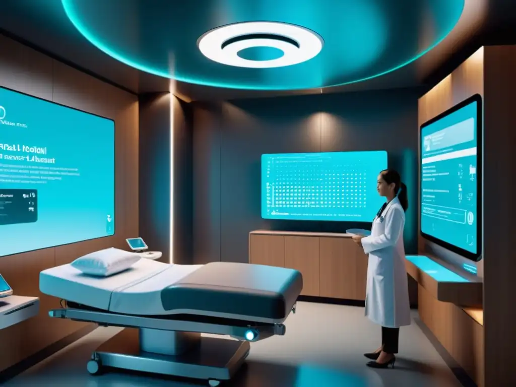 Imagen de una sala de hospital futurista con asistentes virtuales IA en salud interactuando con un paciente, tecnología avanzada y ambiente calmado