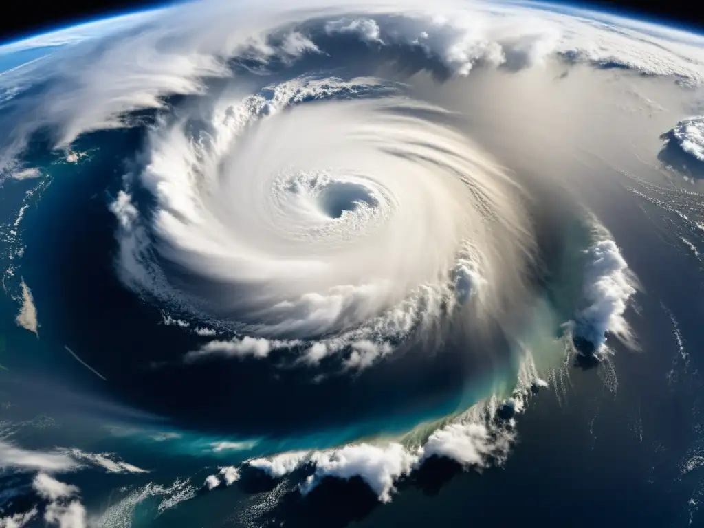 Huracán poderoso: patrones y ojo de la tormenta Imagen satelital de alta resolución mostrando un poderoso huracán formándose sobre el océano, con patrones intrincados y un ojo intenso