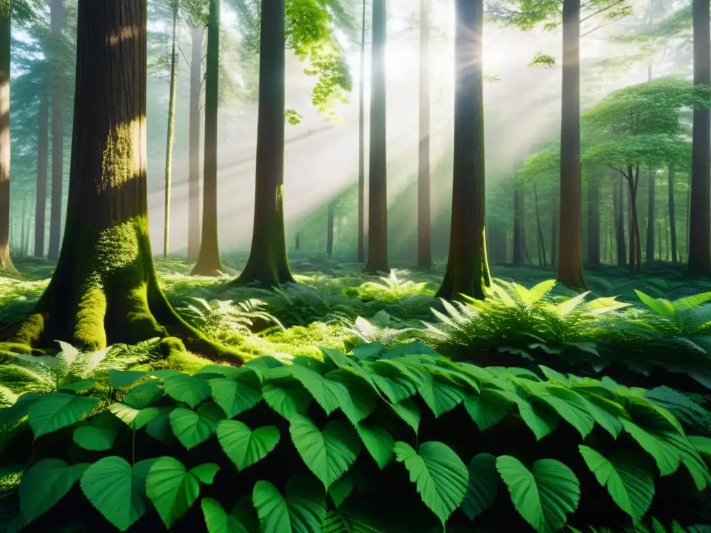 Imagen serena de un exuberante bosque verde con rayos de sol filtrándose entre las hojas, creando sombras moteadas en el suelo