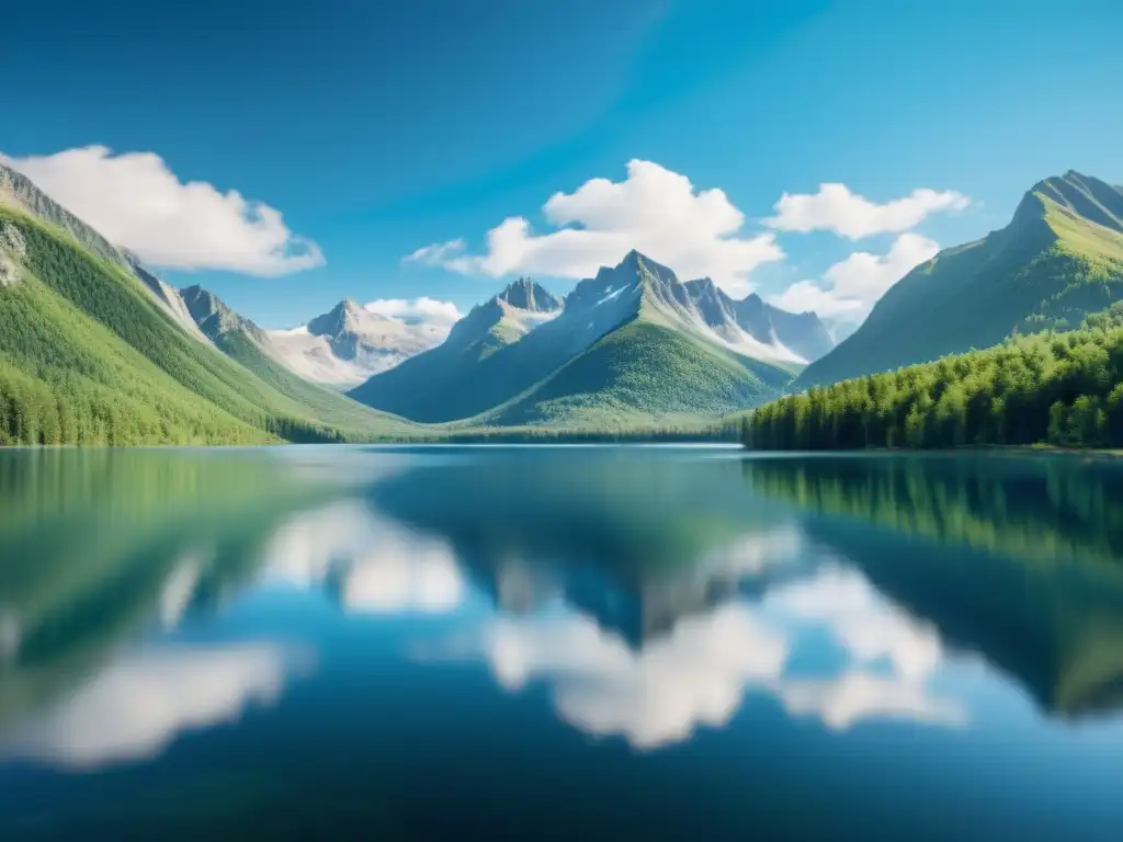 Imagen serena de un lago cristalino rodeado de montañas, reflejando un paisaje tranquilo