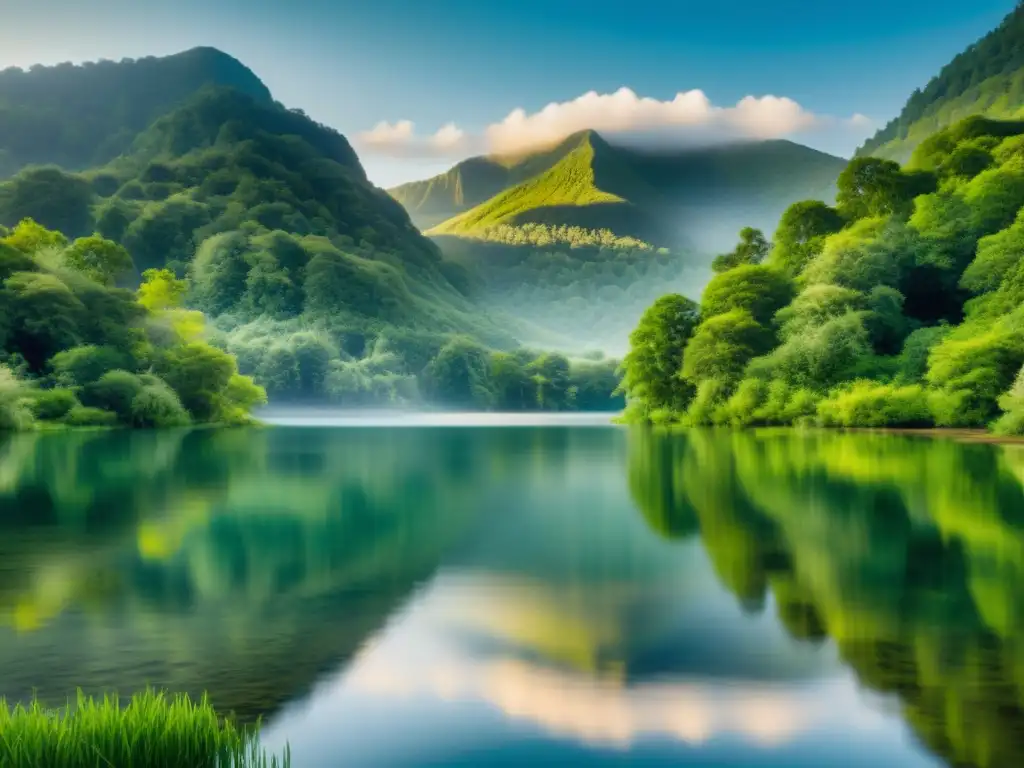 Imagen serena de un lago tranquilo rodeado de exuberante vegetación, reflejando un paisaje equilibrado