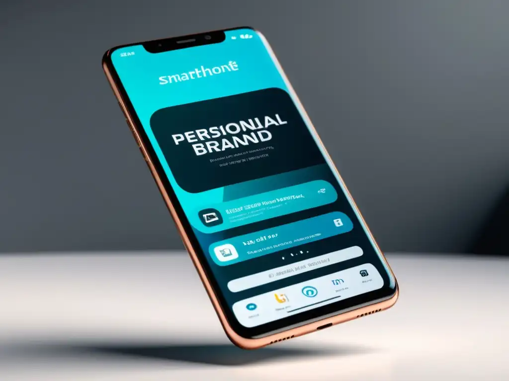 Imagen de un smartphone moderno con diseño minimalista en un entorno futurista, mostrando una infografía de marca personal en tecnología
