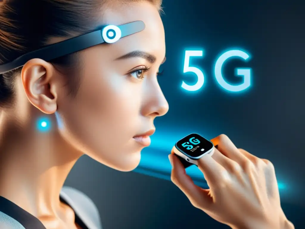 Imagen sofisticada de persona con tecnología vestible 5G para monitoreo de salud, fusionando moda y tecnología innovadora