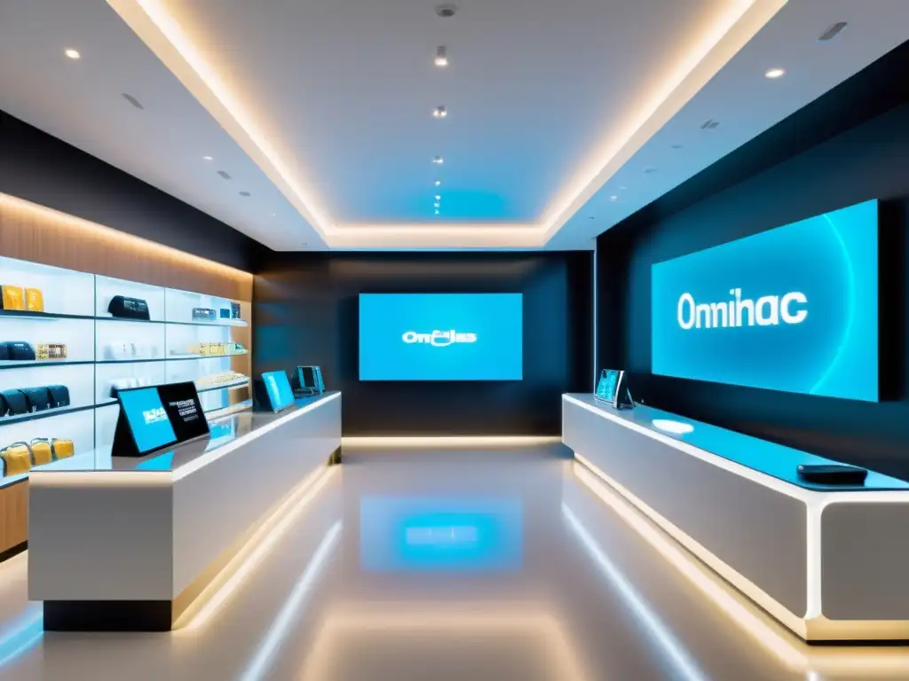 Imagen de una tienda minorista futurista con integración digital, pantallas interactivas y una experiencia omnicanal fluida