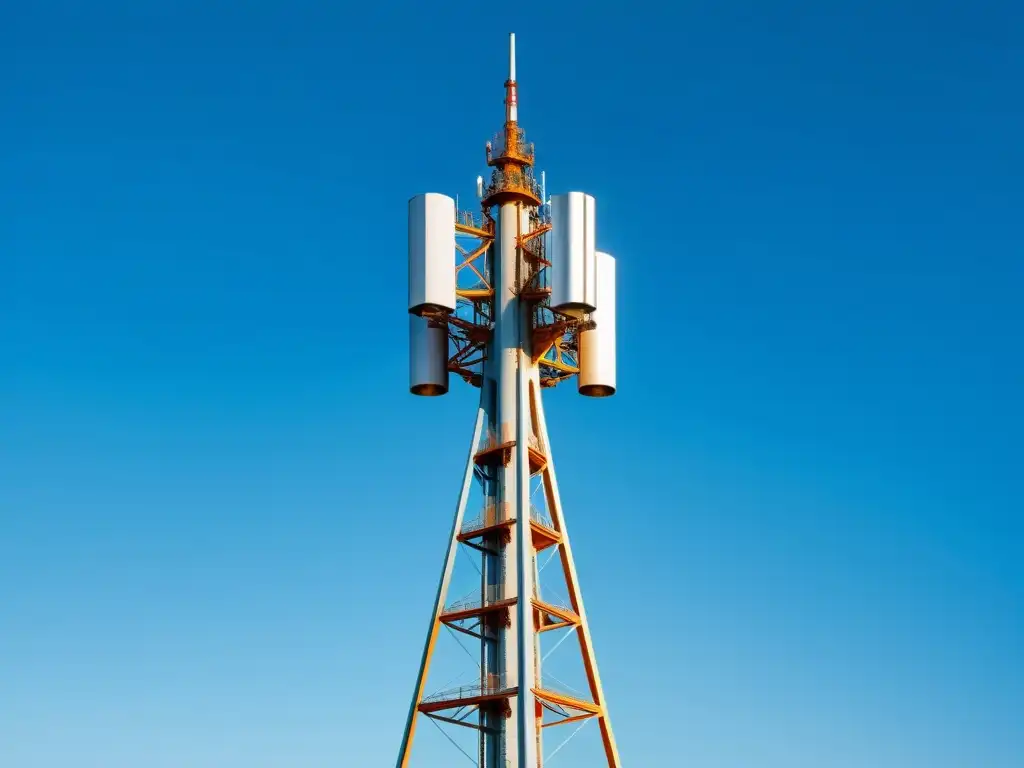 Imagen de torre de red 5G en cielo azul, símbolo de tecnología 5G