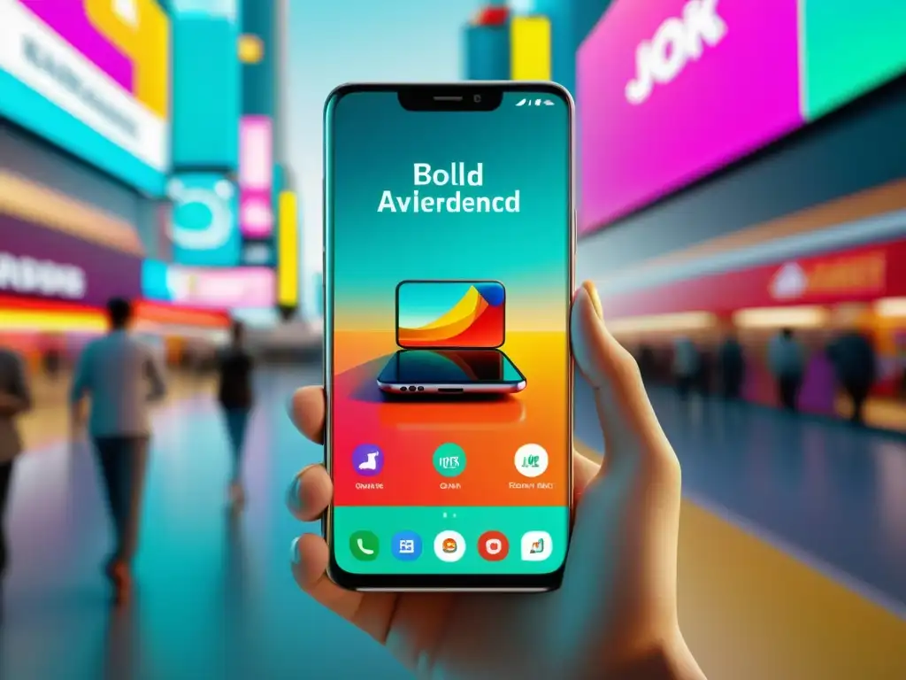Imagen ultradetallada de smartphone mostrando publicidad de realidad aumentada moderna y vibrante, estrategias publicidad realidad aumentada