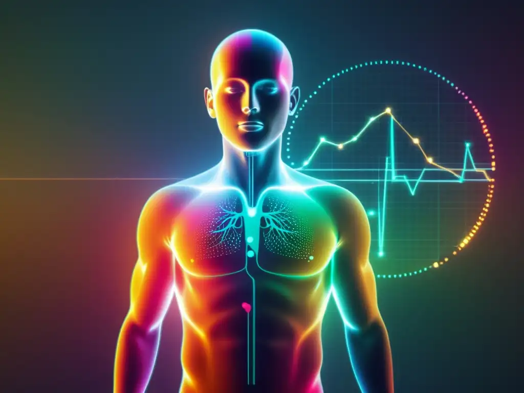 Una impactante visualización de datos en salud integrada en la figura humana transparente, rodeada de un resplandor suave