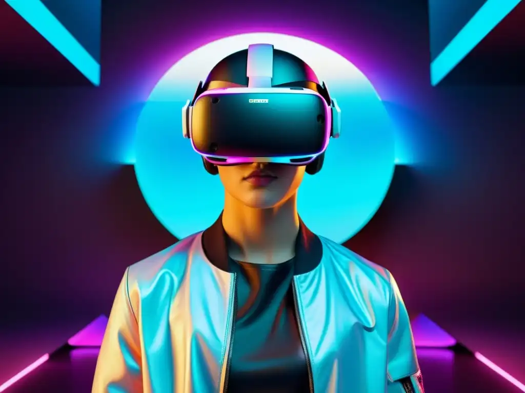 Un impactante escenario de marketing publicitario de realidad virtual con elementos holográficos futuristas y colores vibrantes