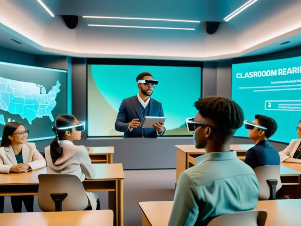 Una impactante imagen en 8k muestra una clase llena de estudiantes usando gafas de realidad aumentada, interactuando con hologramas educativos