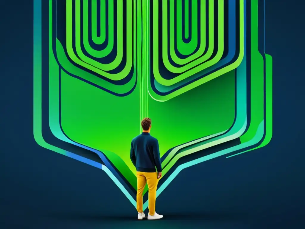 Visualización impactante de red de datos interconectados en tonos azules y verdes, representando el procesamiento de lenguaje natural en Big Data