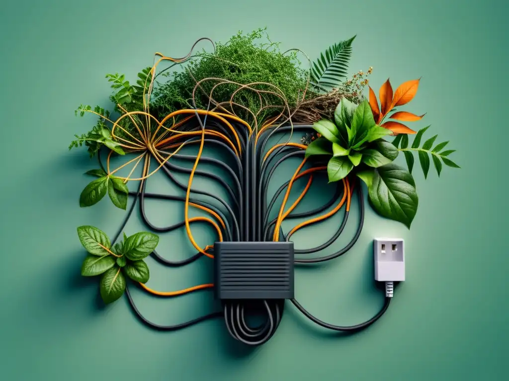 Impacto ambiental de la inteligencia artificial y algoritmos representado en una ilustración minimalista de cables enredados y plantas marchitas