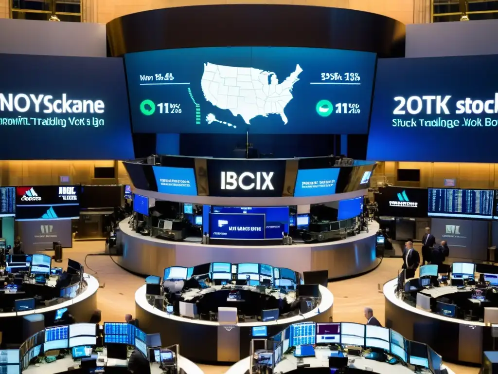 Impacto de la inteligencia artificial en Wall Street: Vista panorámica del piso de operaciones de la Bolsa de Nueva York, brokers en trajes elegantes y el icónico panel de precios de acciones en tiempo real