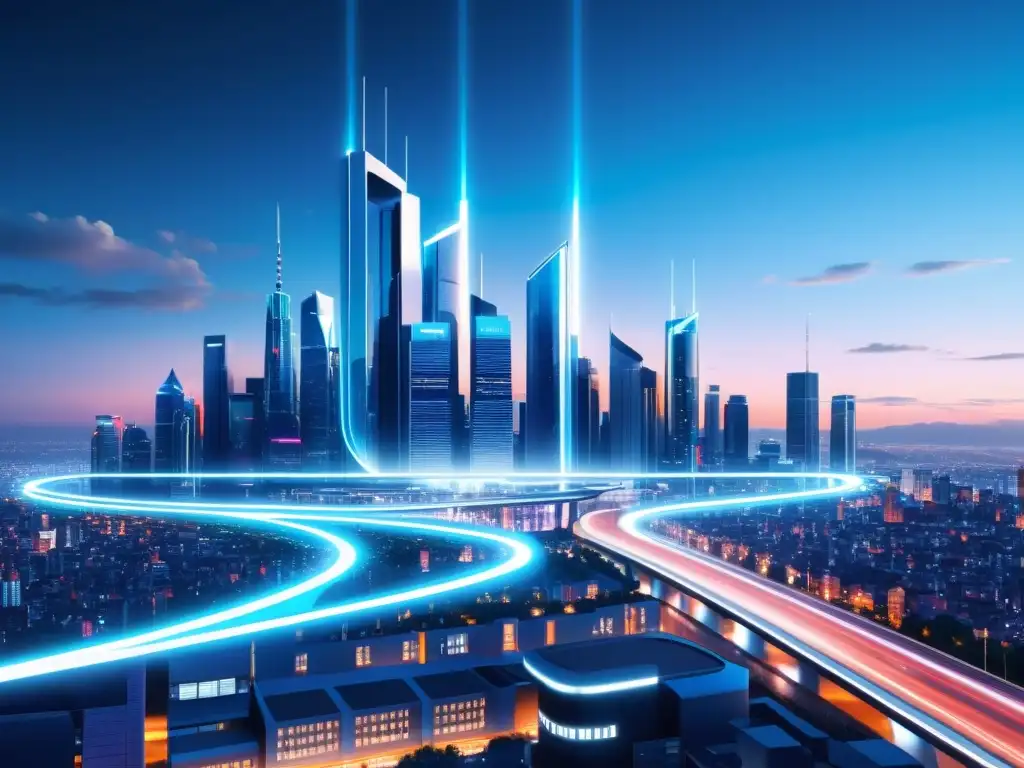 El impacto tecnológico avance 5G se refleja en la ciudad futurista de noche, con torres integradas y luces azules en el cielo oscuro