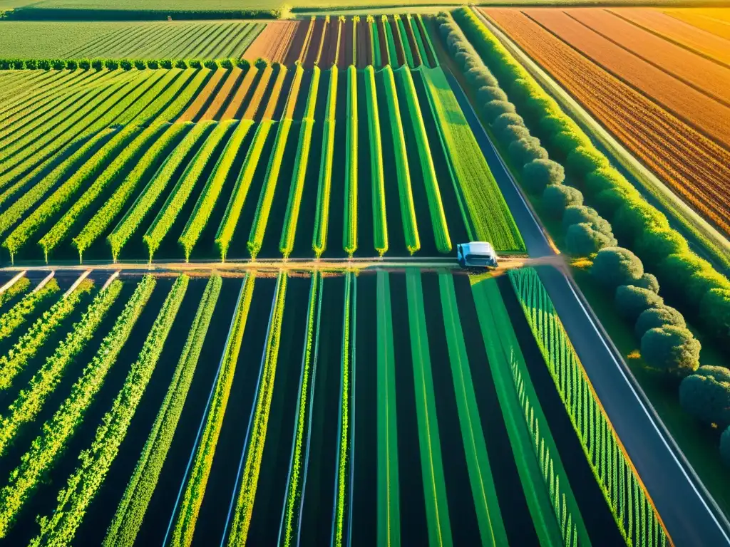 Imponente campo agrícola futurista con tecnología 5G, drones y maquinaria de precisión, reflejando la transformación de la agricultura moderna