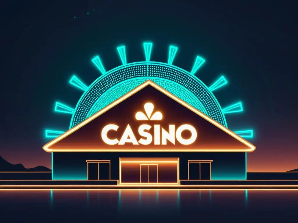 Imponente ilustración digital de un casino de noche, rodeado de líneas de datos y símbolos de seguridad