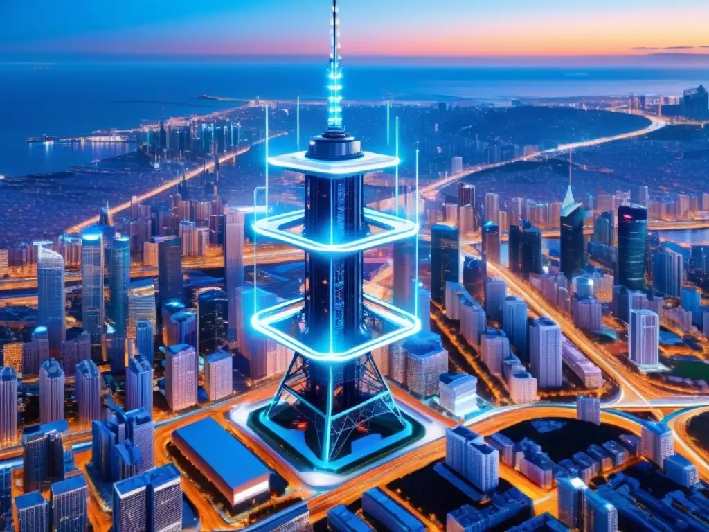 Torre de transmisión 5G en ciudad futurista Un imponente y futurista torre de transmisión 5G en una ciudad vibrante, con redes y antenas iluminadas en azul