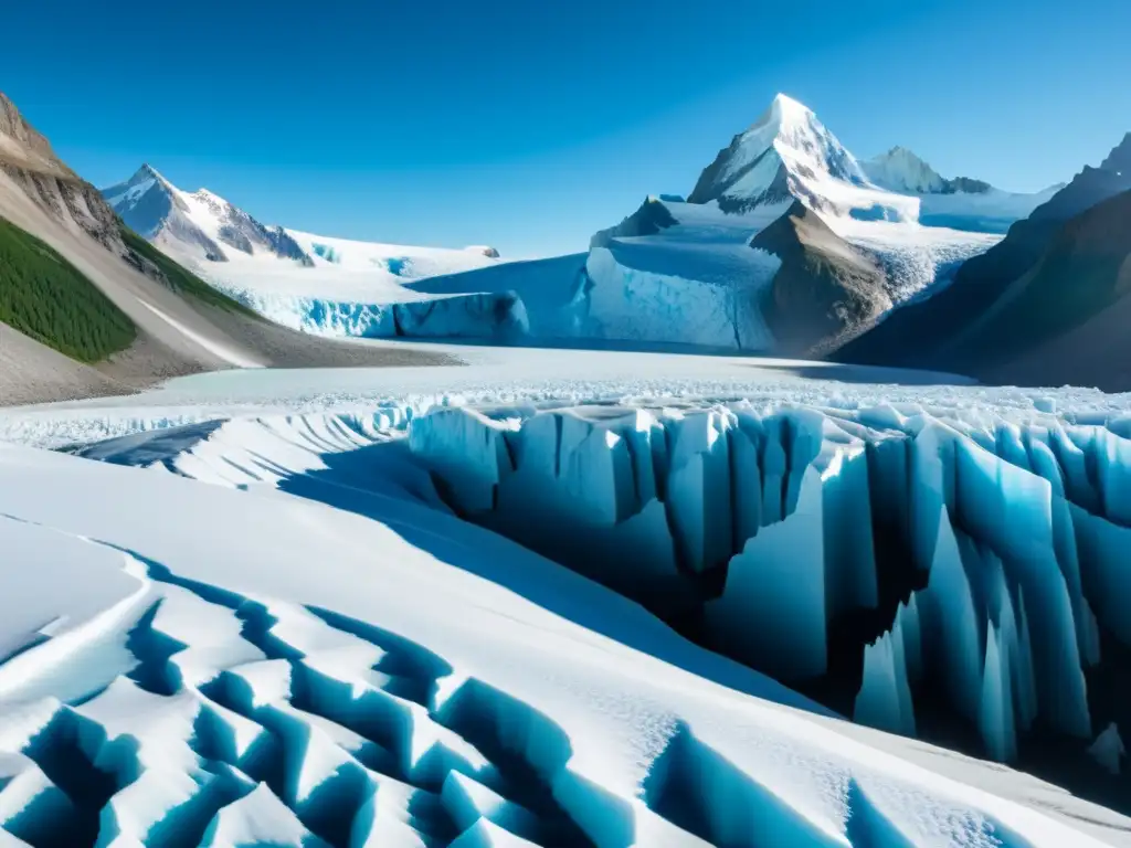 Imponente glaciar con formaciones de hielo detalladas bajo el sol, rodeado de montañas nevadas y cielo azul