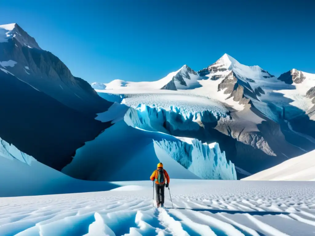 Imponente glaciar con grietas profundas y tono azul, rodeado de montañas nevadas