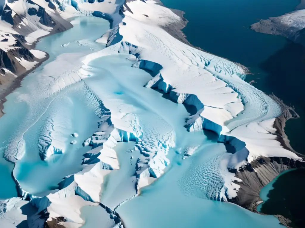 Imponente glaciar con intrincadas grietas y tonos azules, evocando asombro y el impacto del retroceso glacial