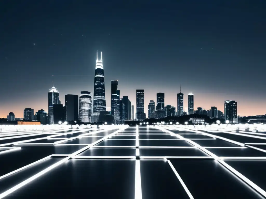 Imponente skyline nocturno de la ciudad en blanco y negro, con luces como circuito