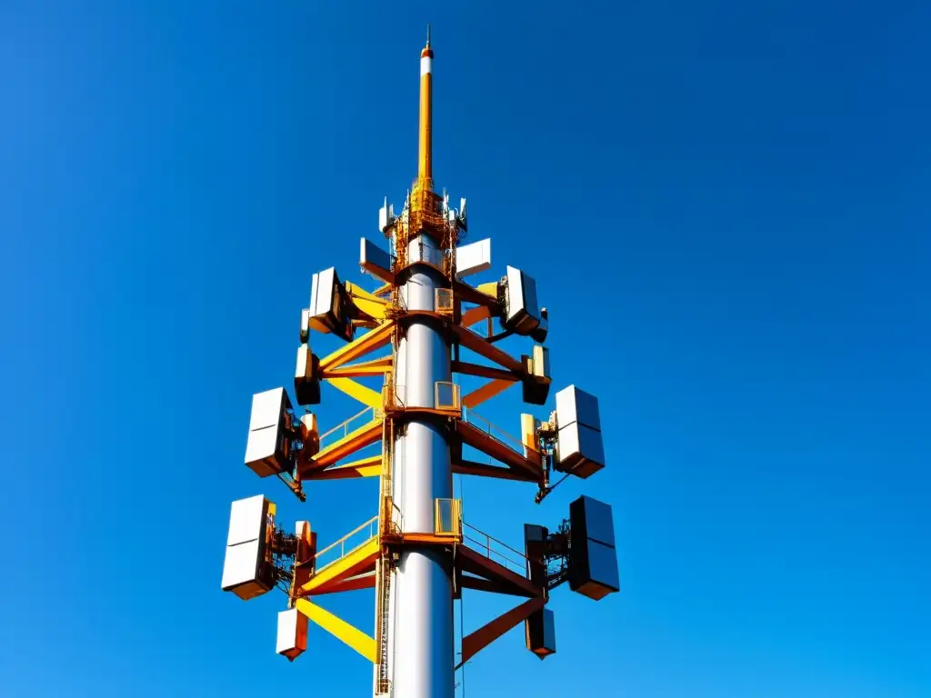 Imponente torre 5G futurista con diseño minimalista, irradiando innovación