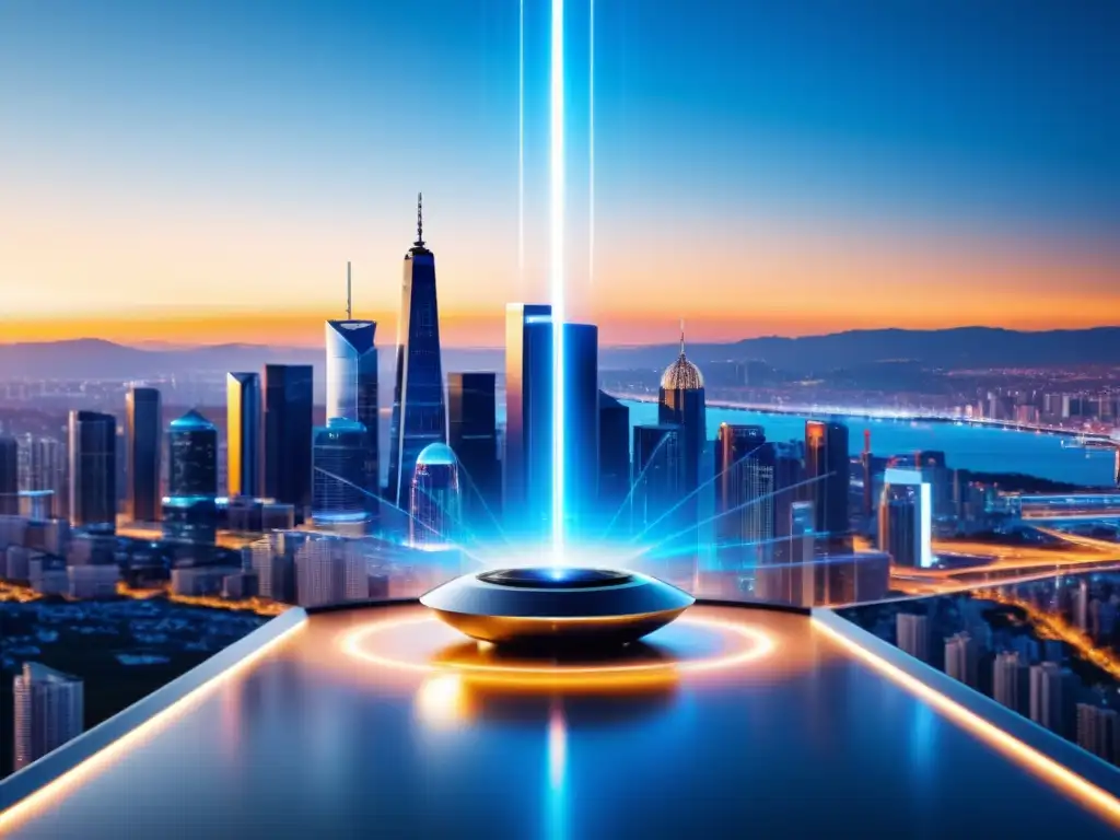 Imponente transmisor 5G futurista en la ciudad, proyectando impacto tecnológico y avance 5G