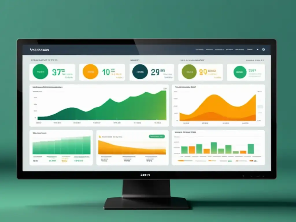 Importancia estética visualización datos: Dashboard moderno y elegante en pantalla HD, con representaciones visuales atractivas y colores vibrantes