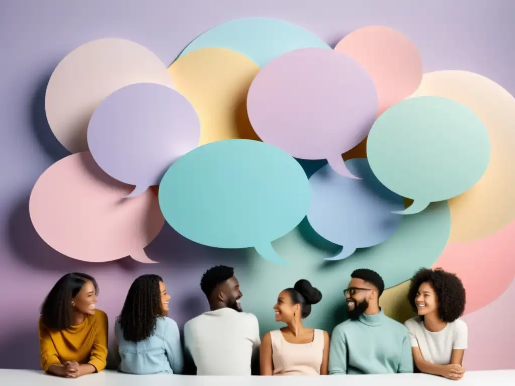 Importancia del User Generated Content: Imagen serena y minimalista de un grupo diverso en animada discusión, con globos de pensamiento llenos de contenido generado por usuarios