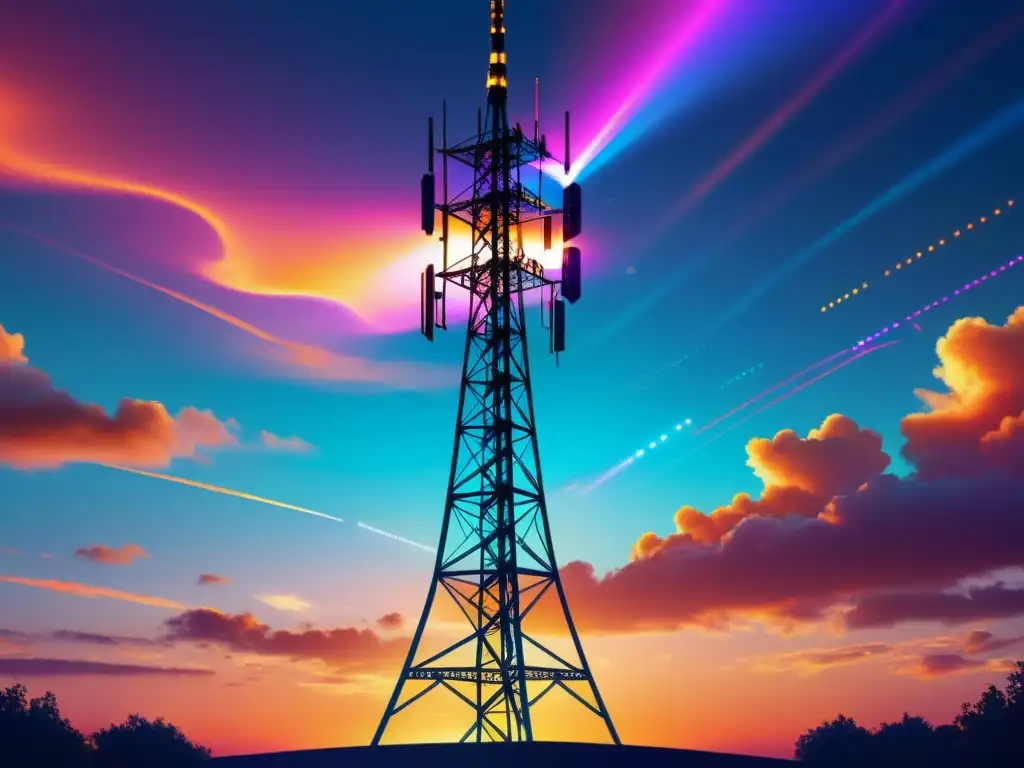 Un impresionante atardecer ilumina una torre de 5G con detalles metálicos, redes de señales y flujo de datos, evocando la avanzada tecnología del espectro radioeléctrico