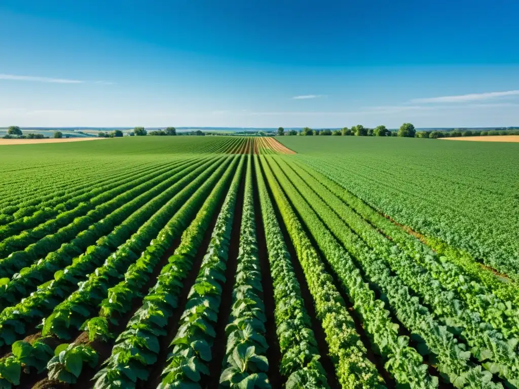 Una impresionante fotografía de un campo agrícola exuberante y vibrante, con cultivos perfectamente alineados y un cielo azul claro