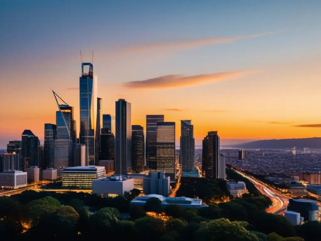 Impresionante ciudad al atardecer, con rascacielos modernos que brillan