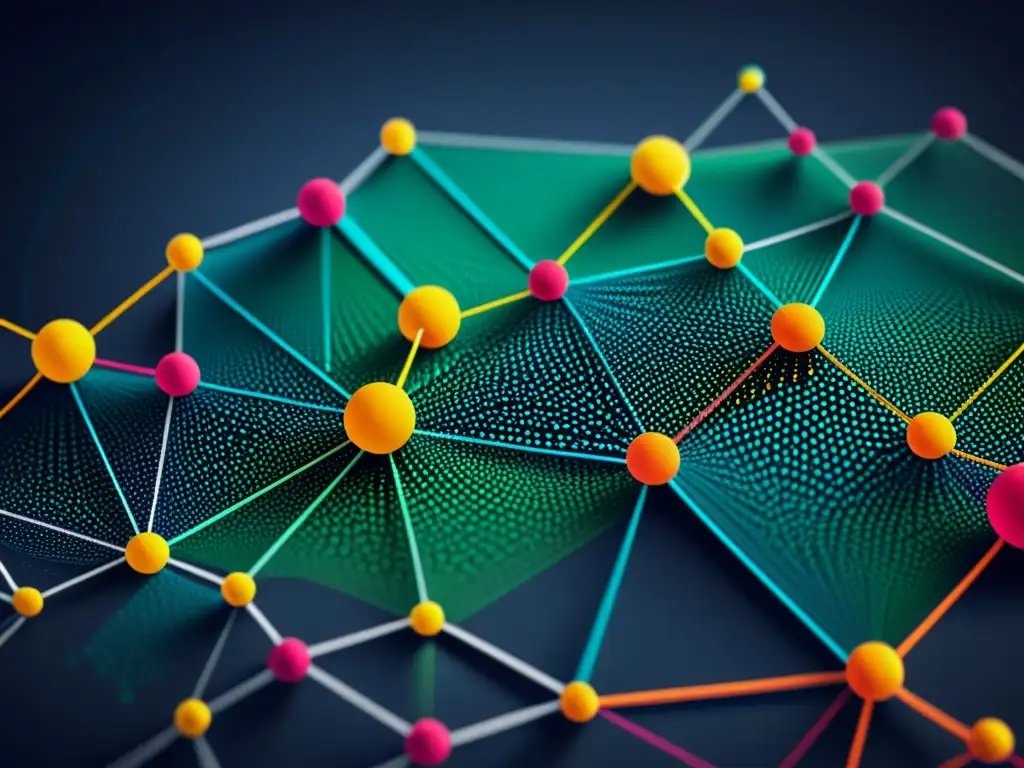 Una impresionante imagen detallada de una red de puntos y nodos interconectados, con colores vibrantes y patrones intrincados, representando la compleja red de relaciones e ideas que se pueden descubrir a través de estrategias de inteligencia de negocios con big data