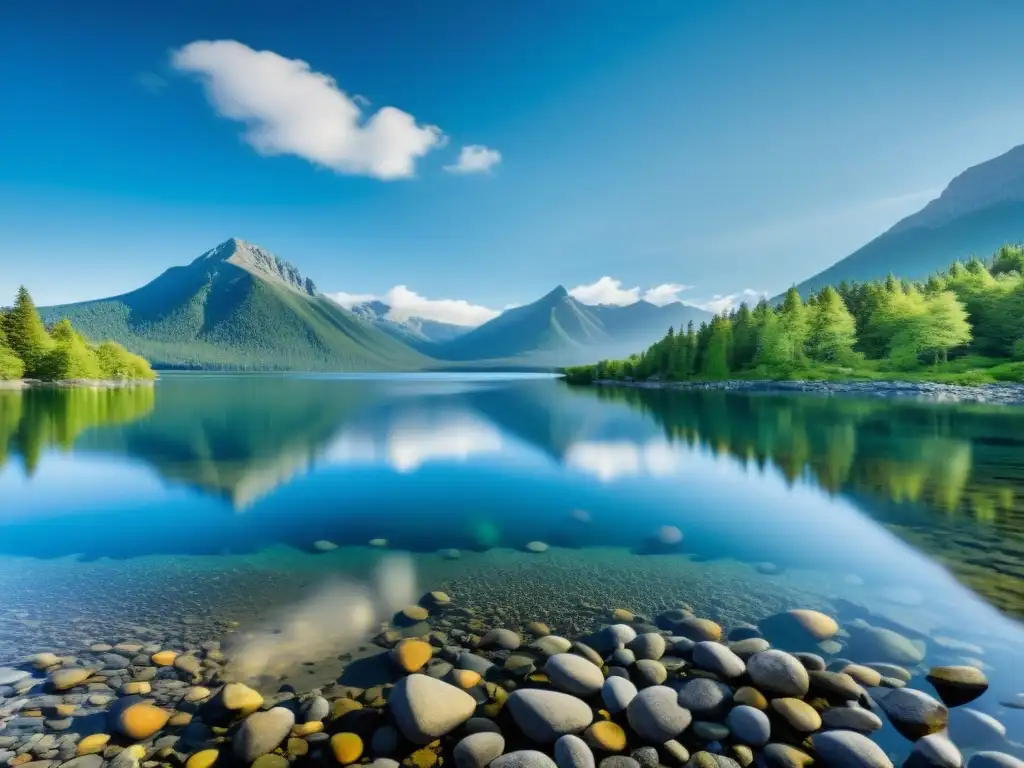 Un impresionante paisaje de un lago de aguas cristalinas reflejando montañas y árboles, creando una sensación de serenidad