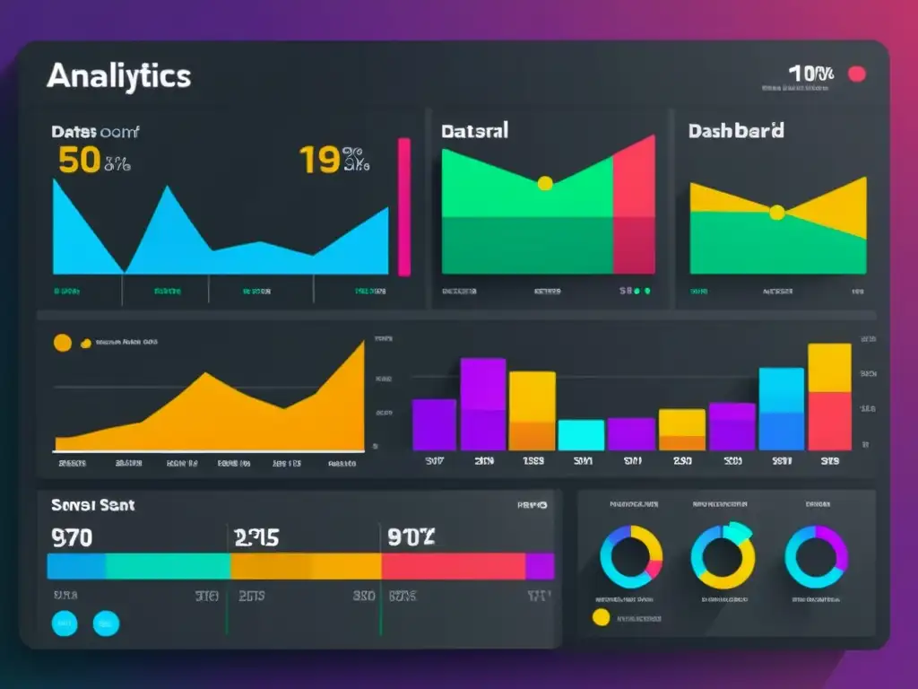 Un impresionante panel de análisis de rendimiento en video marketing, con gráficos vibrantes y datos claros en un diseño moderno y minimalista