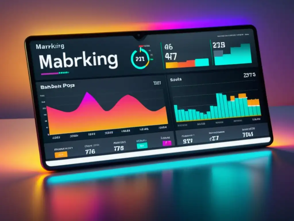 Un impresionante panel de marketing digital con gráficos detallados y datos en tiempo real, iluminado con colores vibrantes