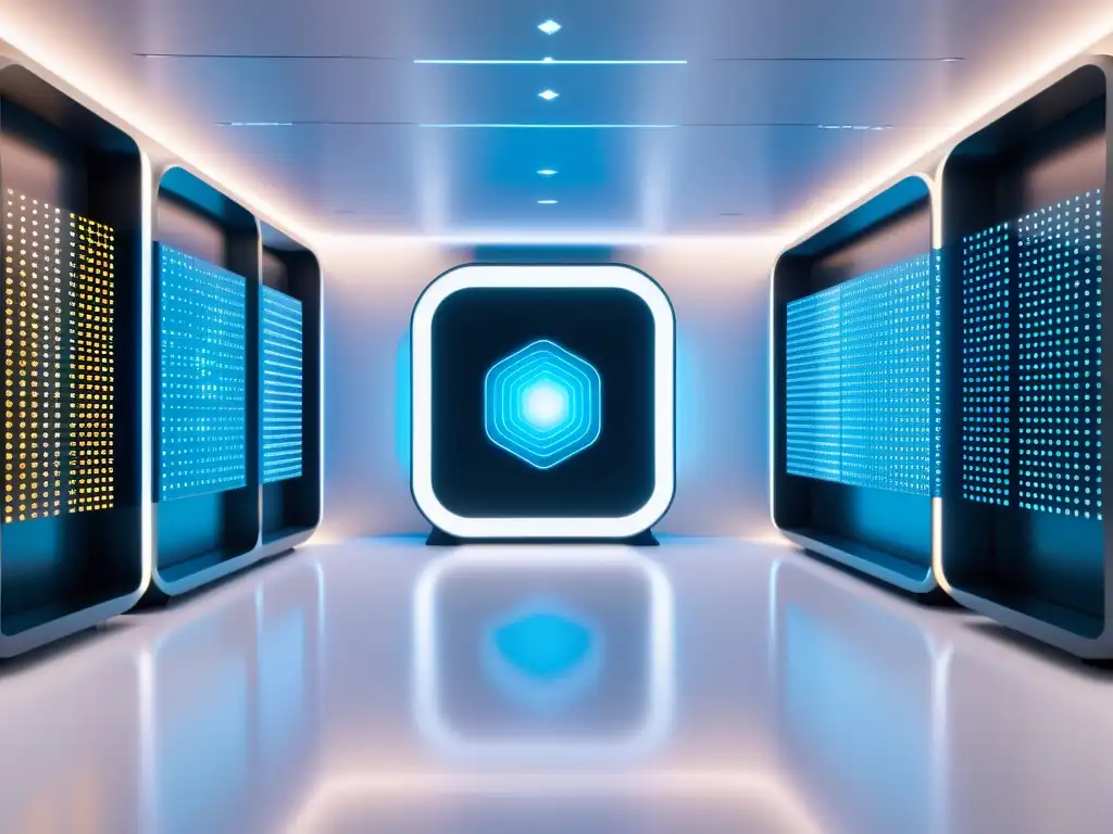Súper computadora futurista rodeada de datos brillantes Una impresionante supercomputadora futurista rodeada de visualizaciones de datos luminosos