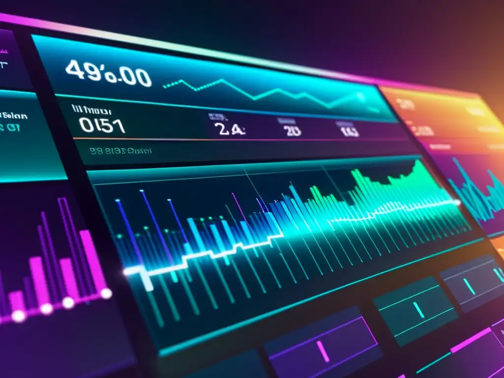 Un impresionante tablero de visualización de datos futurista con gráficos vibrantes e integración digital