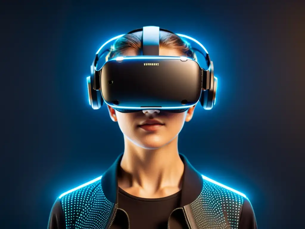 Un impresionante visor de realidad virtual en suspensión, con circuitos y elementos digitales, iluminación futurista