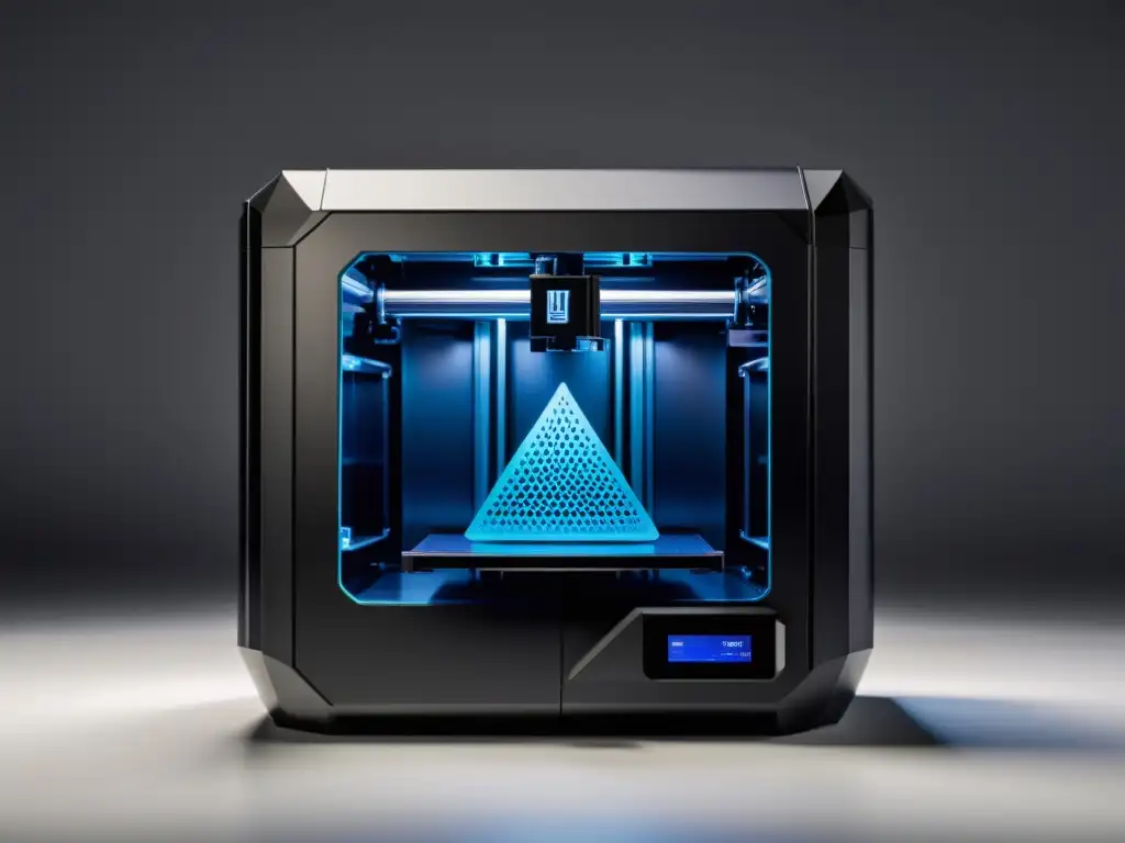 Una impresora 3D futurista en negro mate, con patrones geométricos impresos en colores vibrantes y personalizables