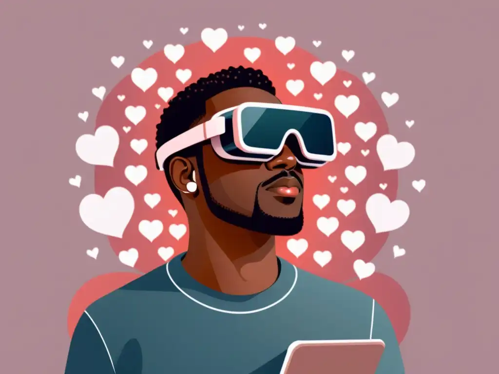 Un influencer digital con gafas de realidad aumentada rodeado de elementos virtuales como corazones, likes y comentarios