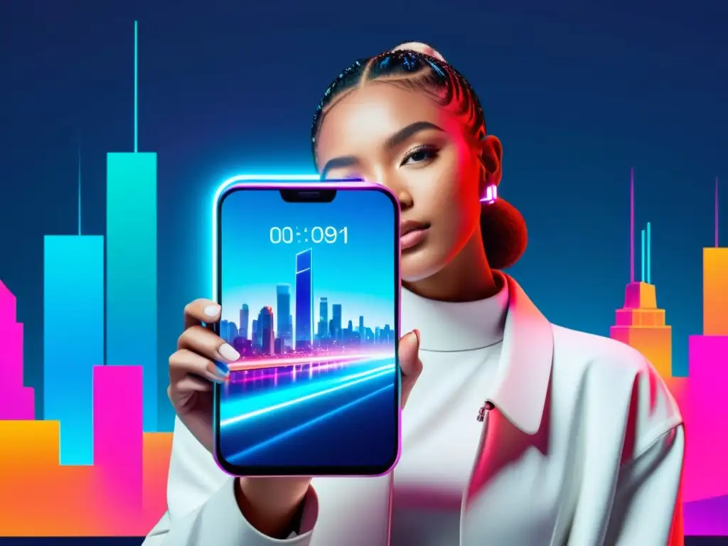 Un influencer muestra un smartphone futurista con pantalla holográfica en una ciudad digital