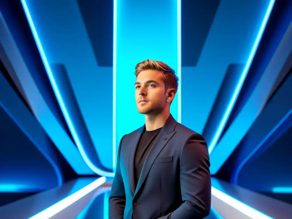 Un influencer de tecnología destaca en un entorno futurista y minimalista, iluminado en tonos azules