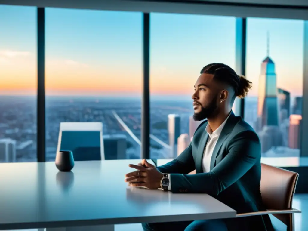 Un influencer de tecnología conversa con profesionales, rodeado de innovación en una ciudad futurista